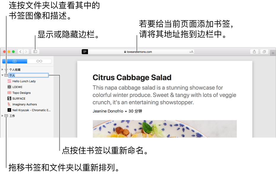 在边栏中显示书签的 Safari 浏览器窗口;其中选定一个书签供编辑。